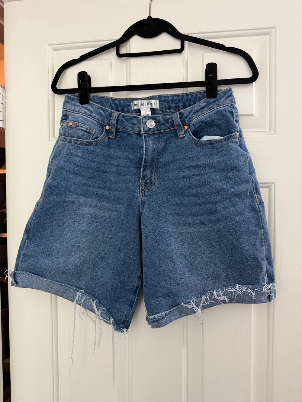 Madden Girl Medium Blue High-Rise Distressed Denim Shorts